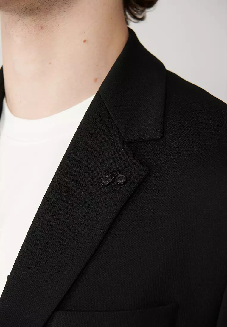 Men's Black Mono Collar Lined Slit Jersey Fabric Jacket B004000