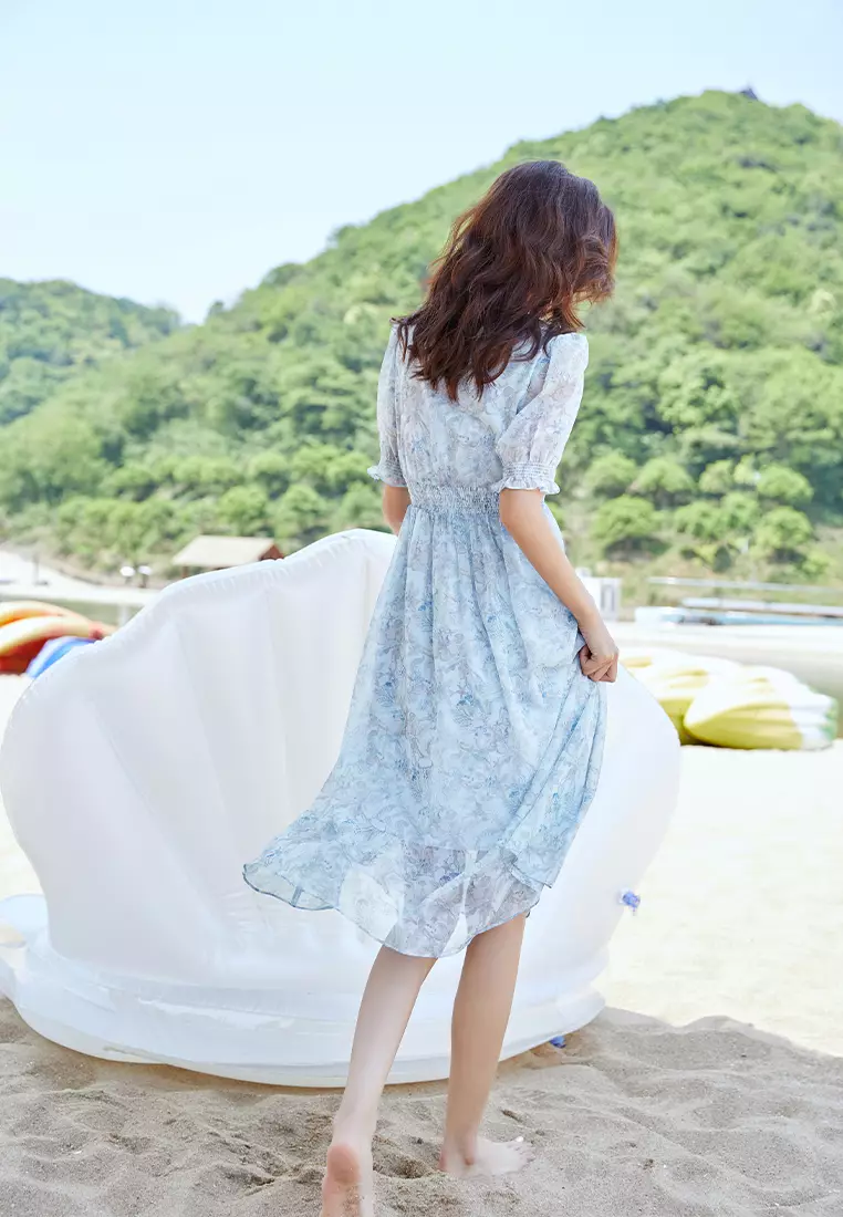 Summer Puff Sleeve V-Neck Floral Dress