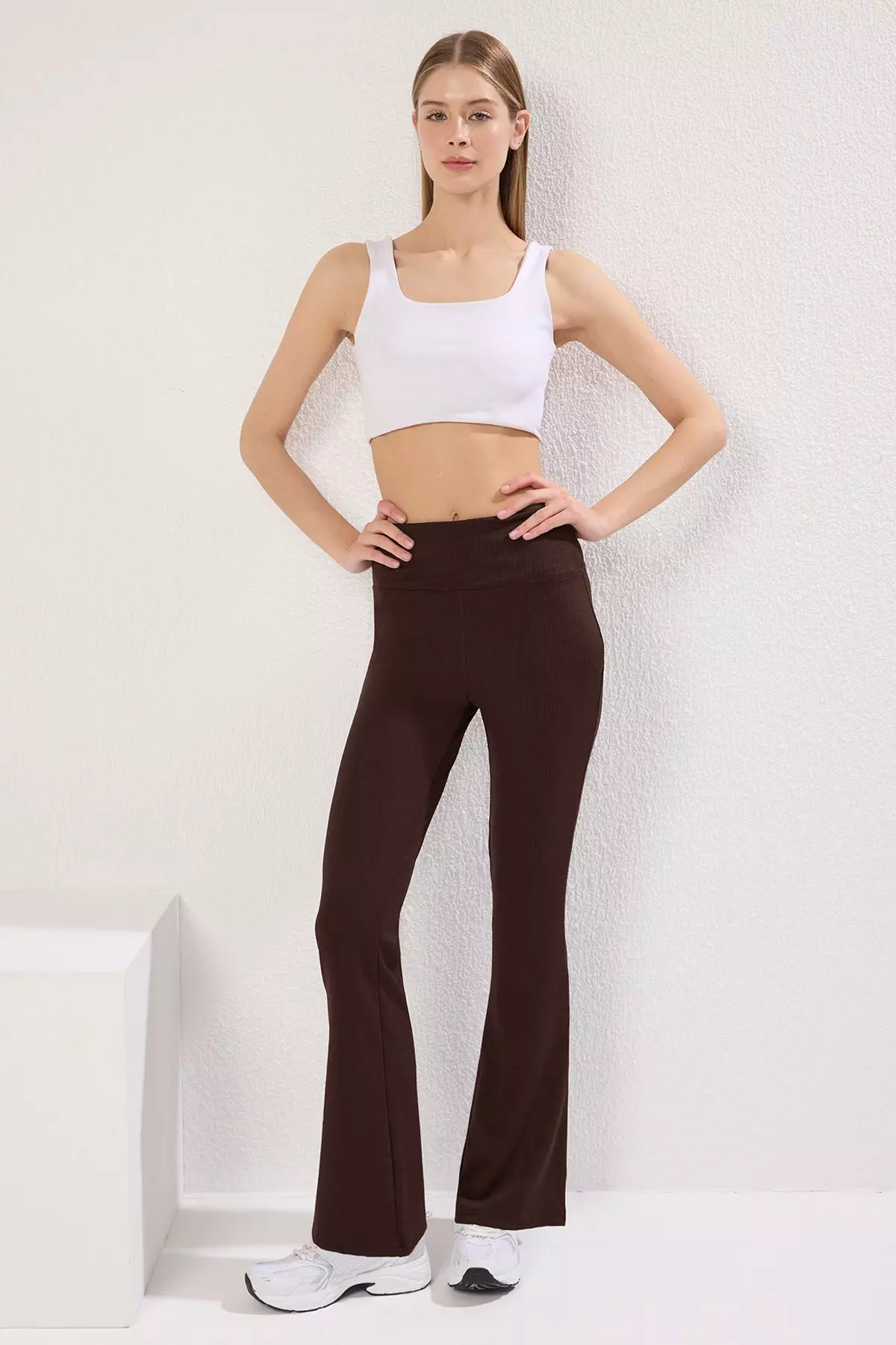 Dark Brown Ribbed Spanish Leg Yoga Knitted Sports Leggings Twoaw23Ty00011