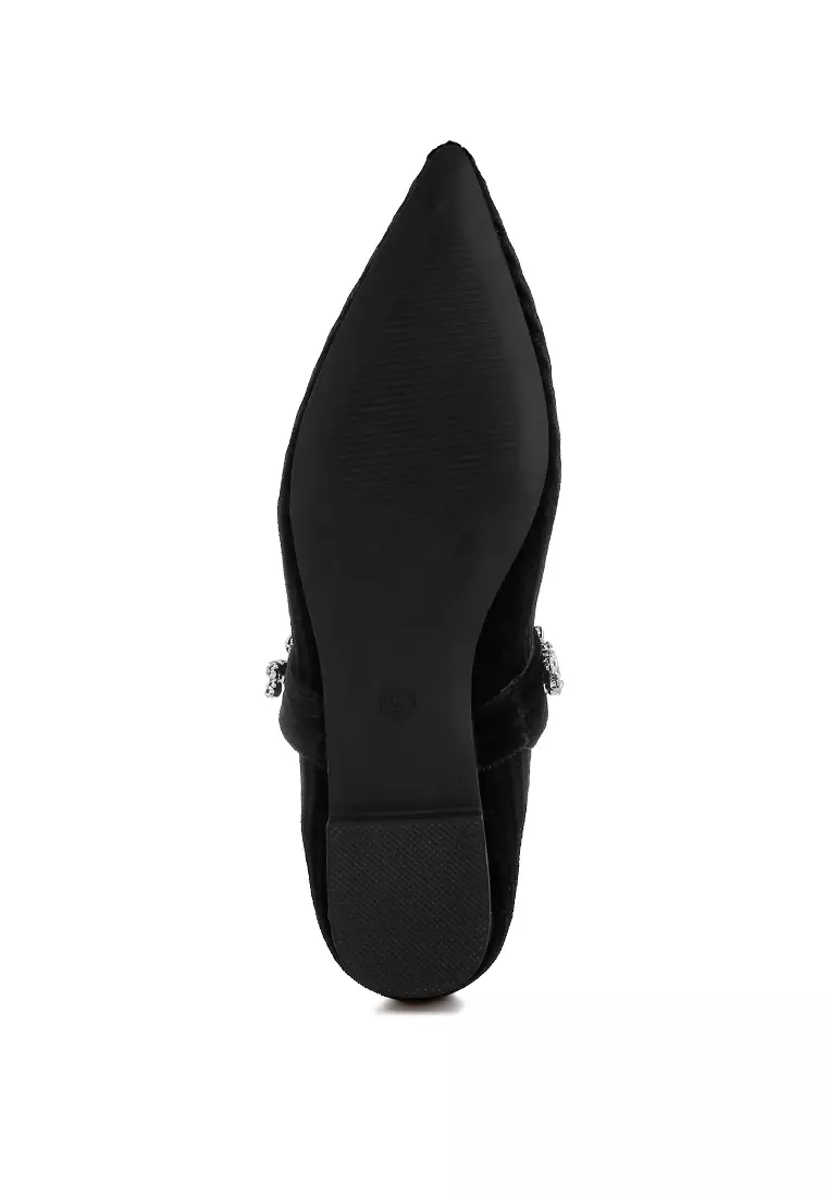 Diamante Brooch Velvet Ballerinas in Black