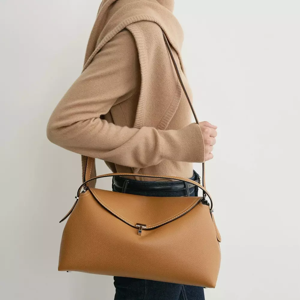 T-Lock Grained Leather Top Handle Bag Tan