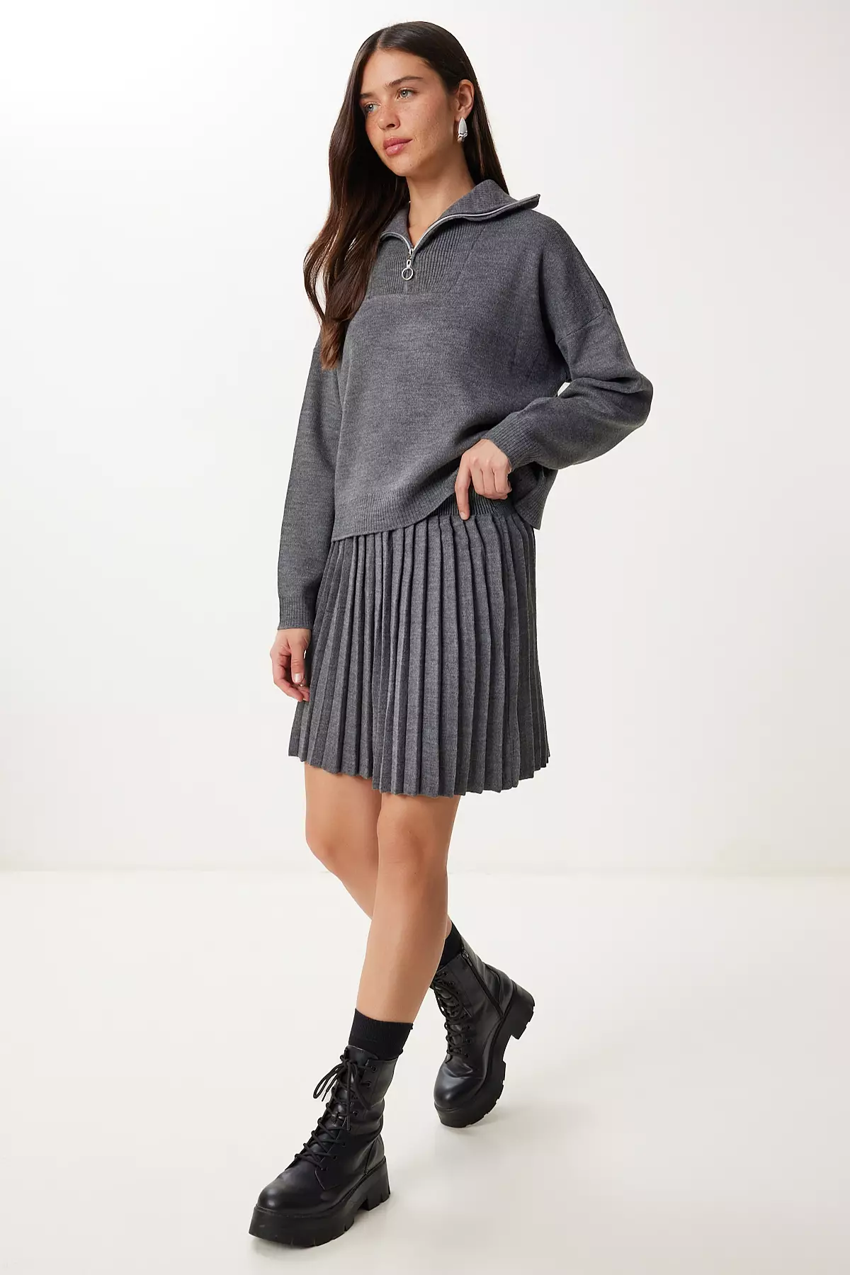 Women'S Gray Knitwear Sweater Skirt Set Pf00113