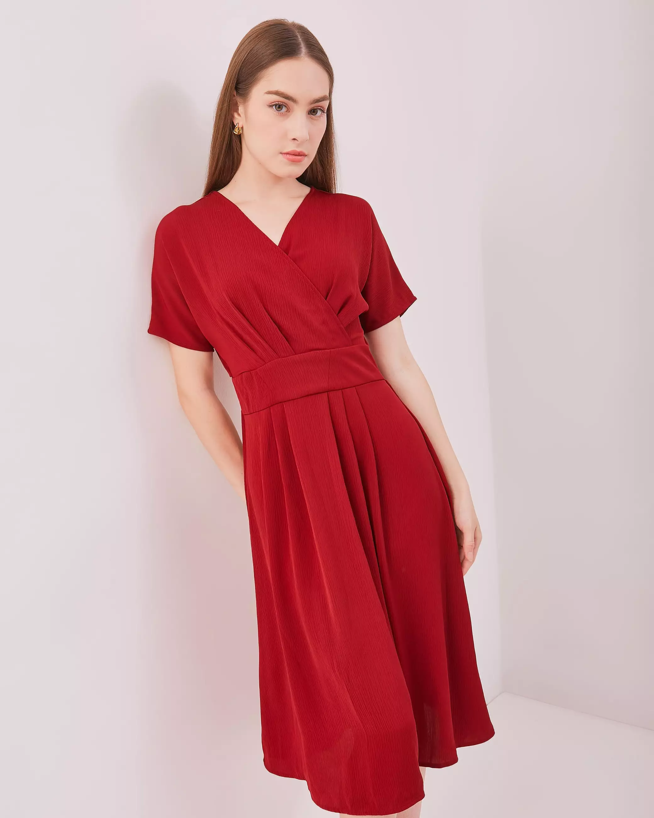 Urban Exchange Cecilia Red Dress - Gaun Midi Dress Kasual Dress Merah Natal Warna Red