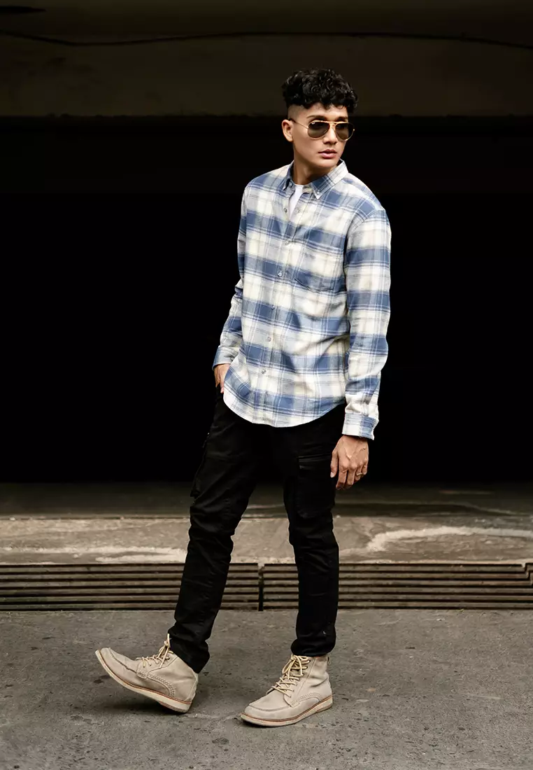 Kemeja Flannel Cotton OXCON khakis Light Blue Jeans