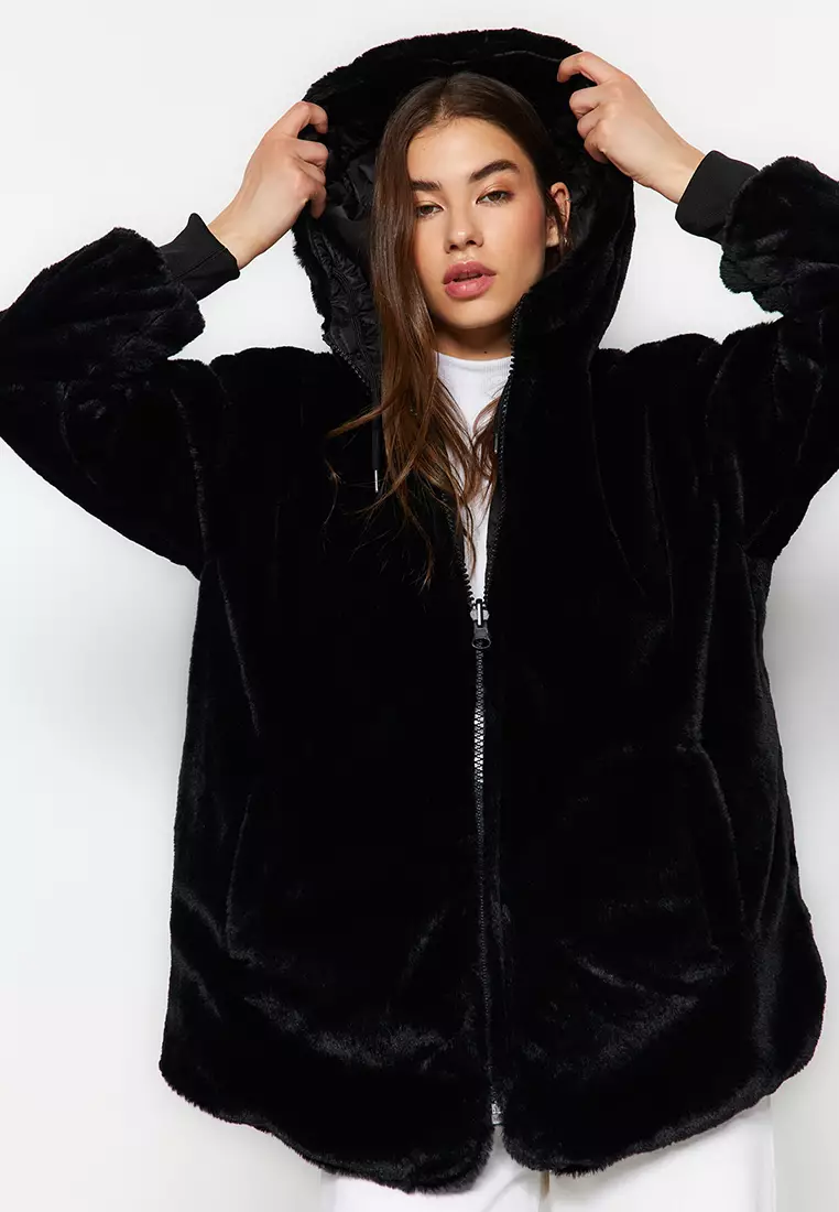 Black Double-Sided Wearable Hooded Plush Quilted Puffer Jacket TWOAW24MO00018