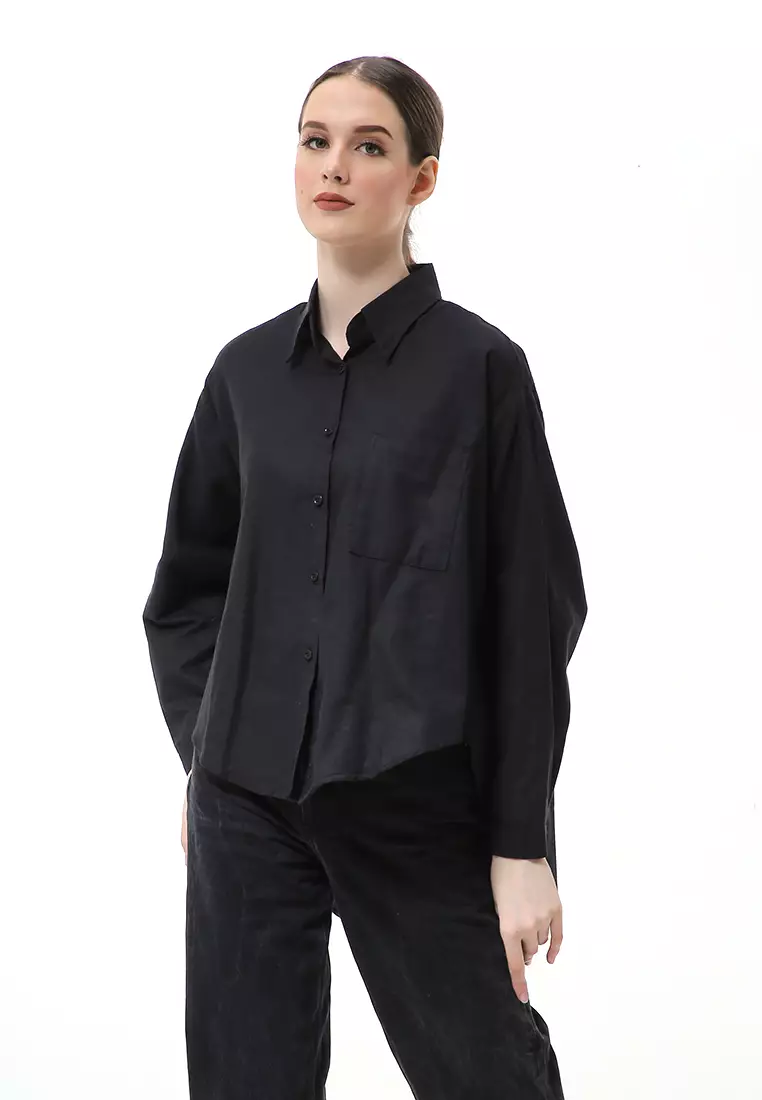 Nandira Kemeja Atasan Wanita Oversize Motif Polos Long Sleeve - Hitam