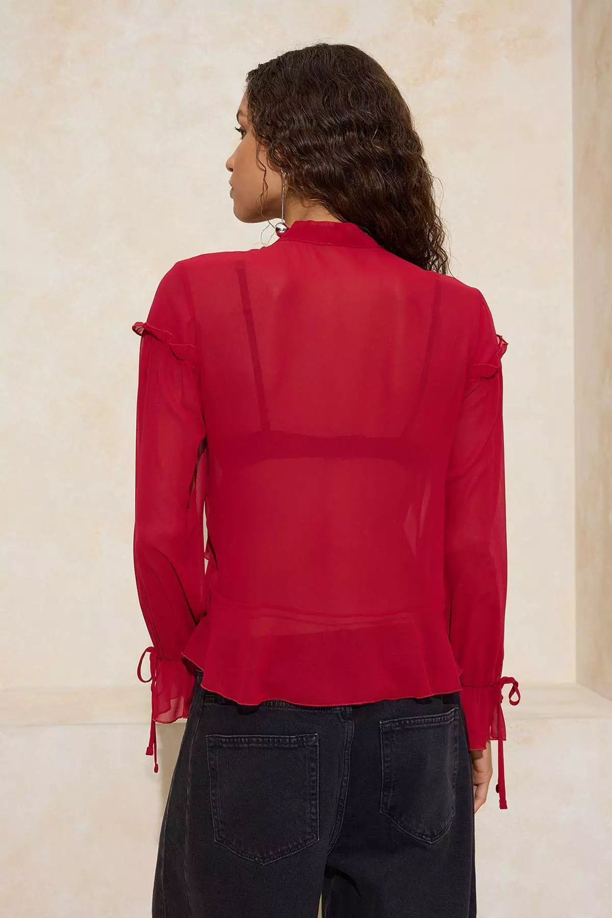 Red Scarf Collar Front Short Chiffon See-Through Blouse Twoss26Bz212
