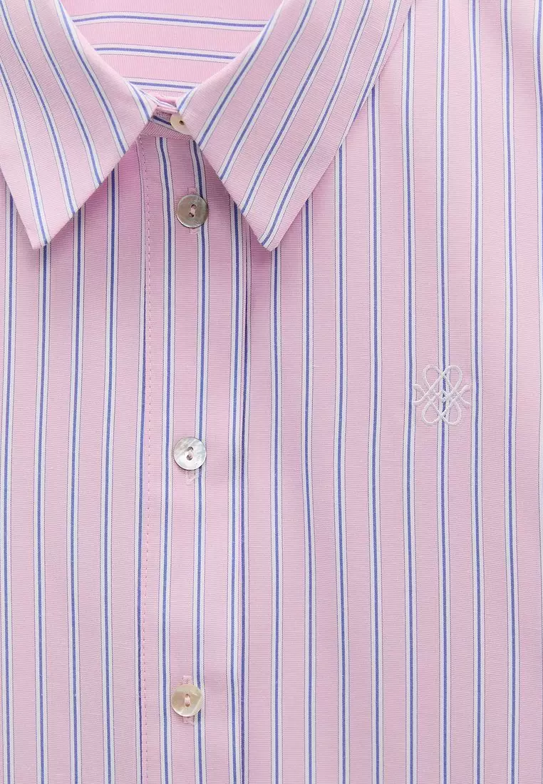 Lace Trim Cropped Stripe Shirt - Pink
