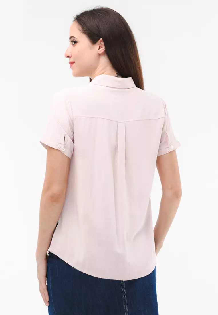 Woven Plain Soft Linen Short Sleeve Blouse