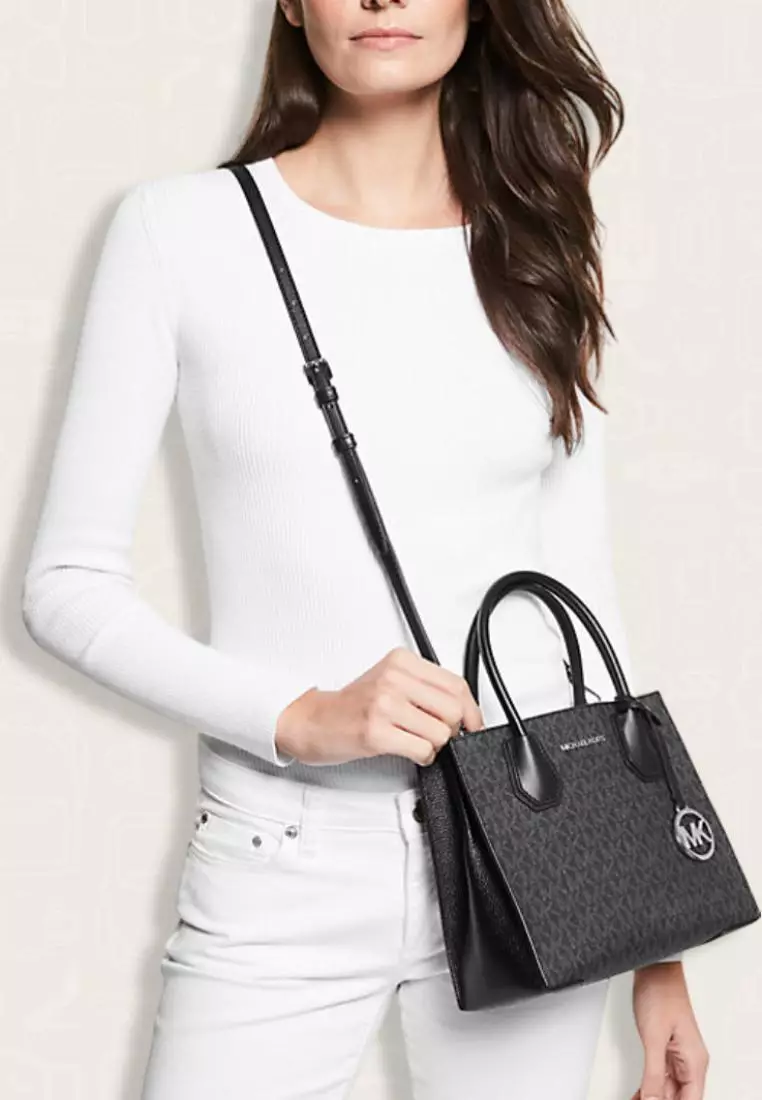 Michael Kors Mercer Medium Logo and Leather Accordion Crossbody Bag Black