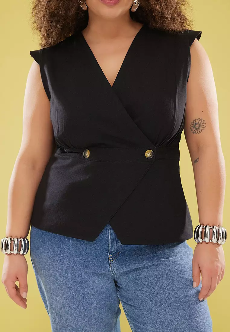 Black 100% Cotton Button Woven Oversize Blouse Tbbss25Af00021