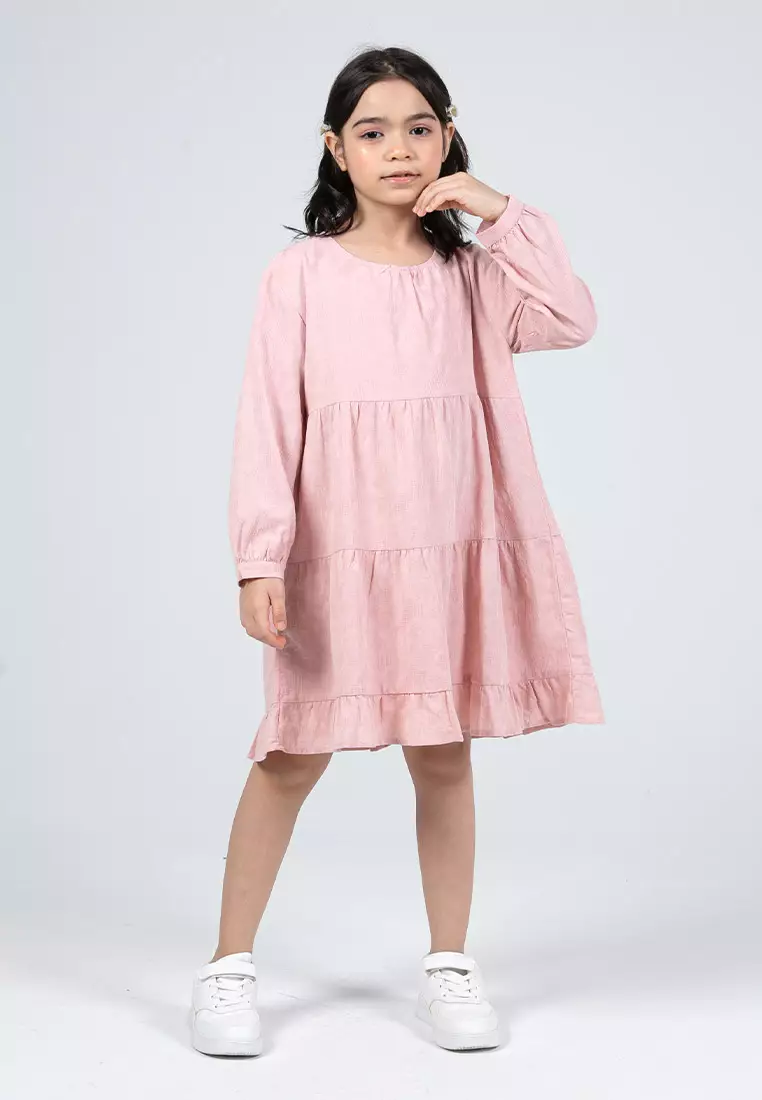 Forest Kids Girls Cotton Jacquard Long Sleeve Tiered Dress with Cotton Lining - FK885072-59LotusPink