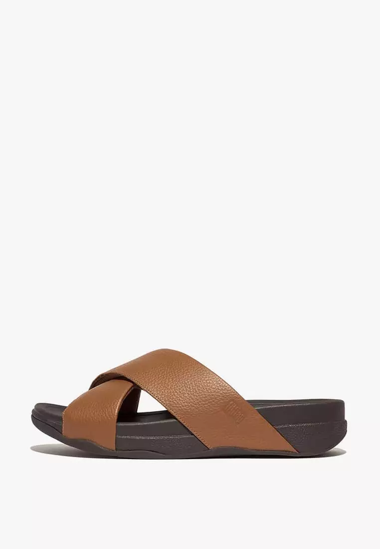 Discount on Fitflop  shoes - SKU: Fitflop Surfer Men's Tumbled-Leather Cross Slides - Light Tan