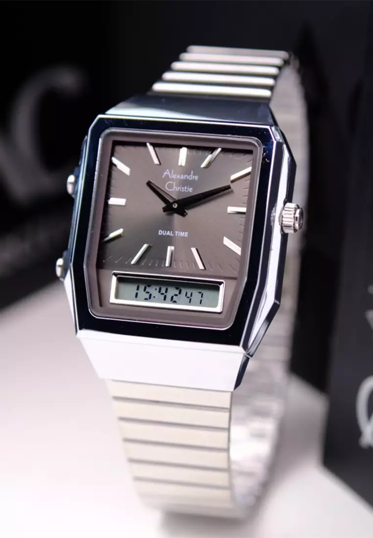 Alexandre Christie Dual Time - Jam Tangan Analog Digital Wanita - Black Dial - All Silver Stainless Steel - 2B37LHBSSDG