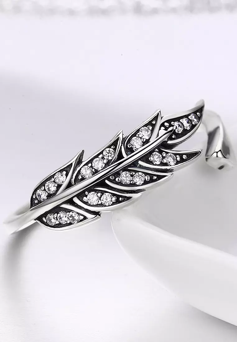 Solid 925 Sterling Silver Antiqued Angel Feather Ring