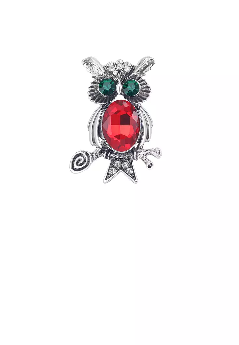 Simple Cute Owl Brooch with Red Cubic Zirconia