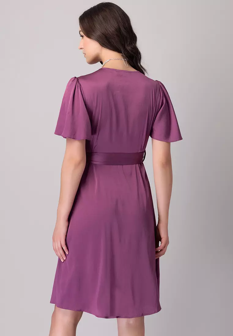 Pink Flared Sleeve Wrap Dress With Belt