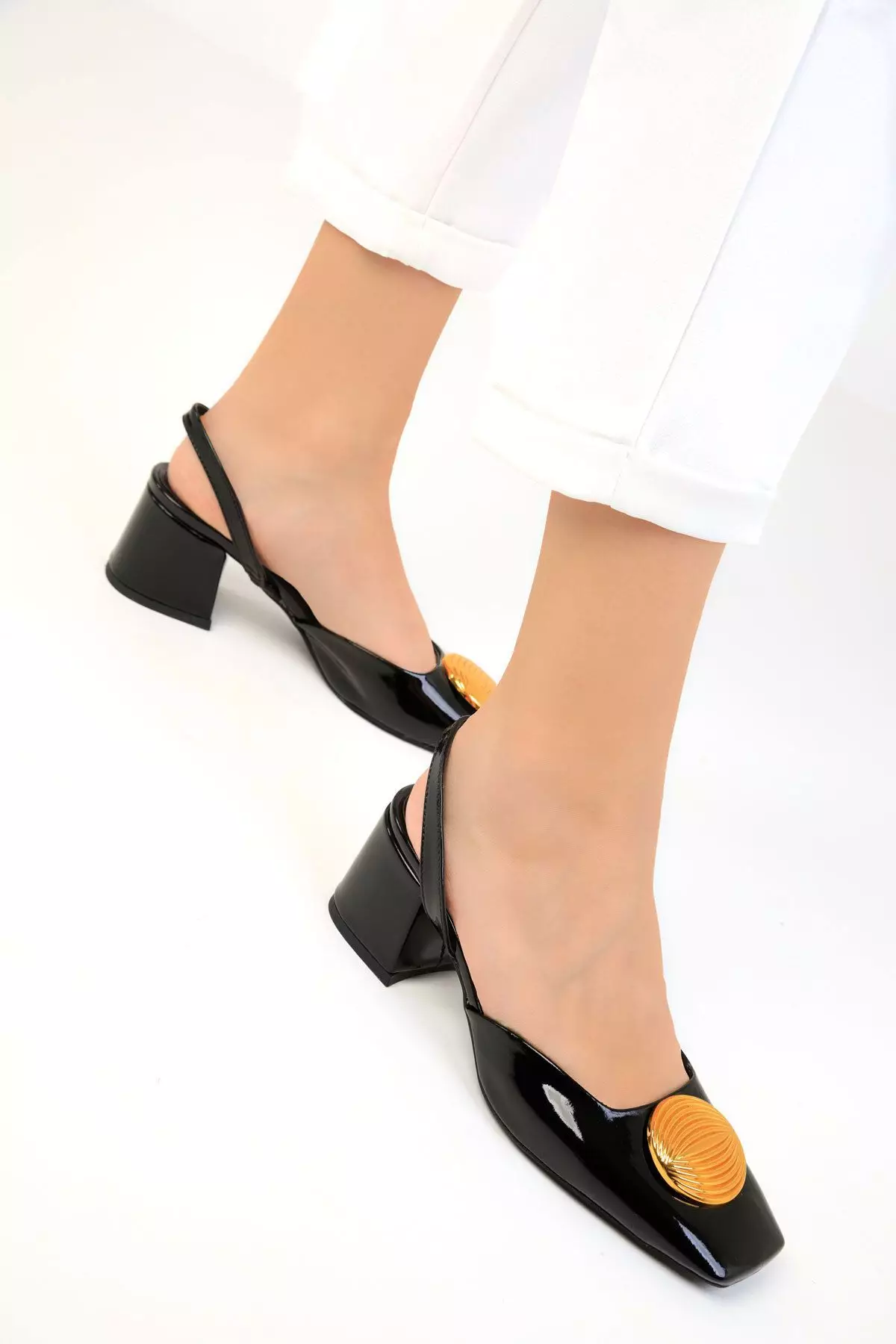 Faux Patent Leather Heels with Accessory Detail