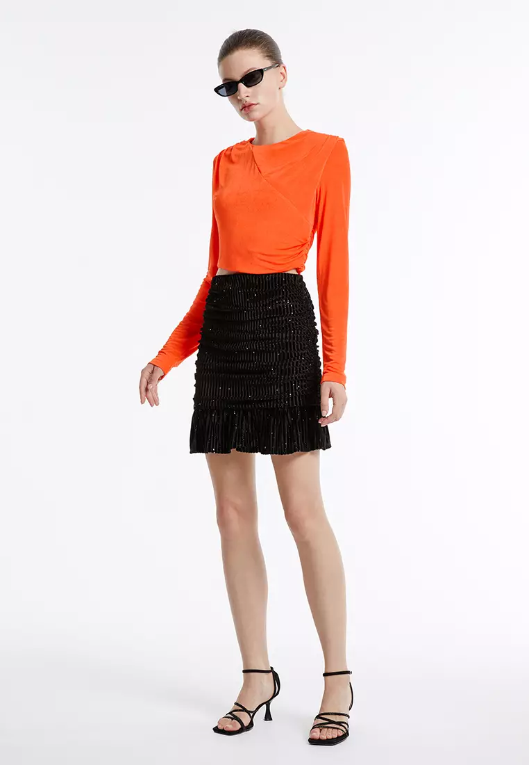 Black sequin ruched mini store skirt