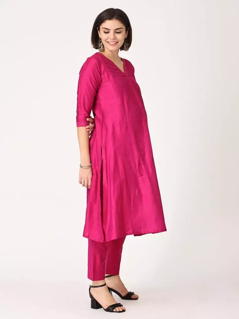 Embroidered Maternity Silk Kurta Set with Nursing - Magenta