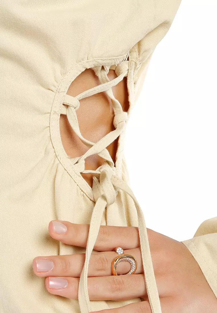 黃褐色鏤空褶飾襯衫連衣裙