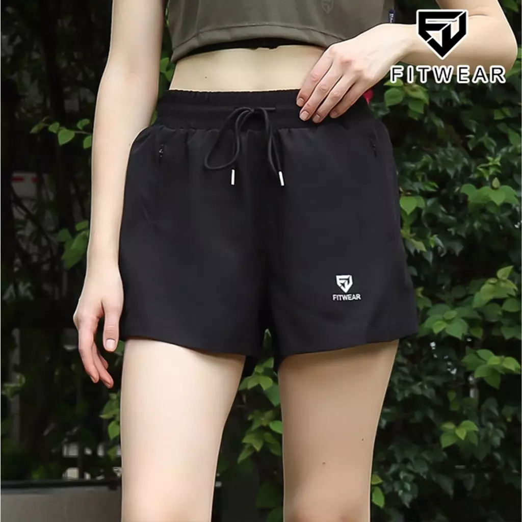 Fitwear Celana Pendek Lari Tanpa Inner Olahraga Wanita BRIELLA BIGSIZE POCKET ZIP - BLACK