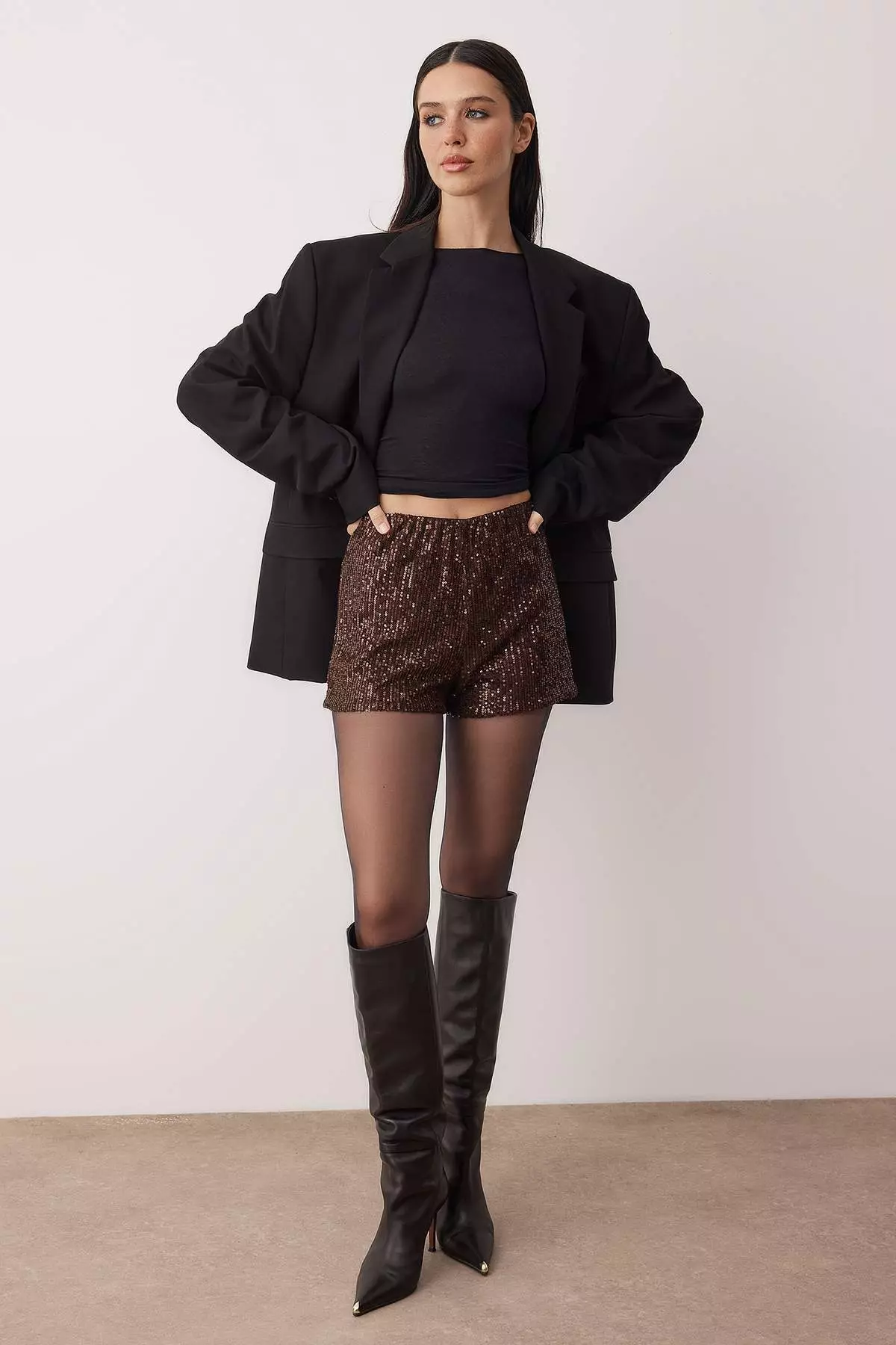 Brown Extra/Super Mini Knitted Sequin Shorts Tpraw26Sr6