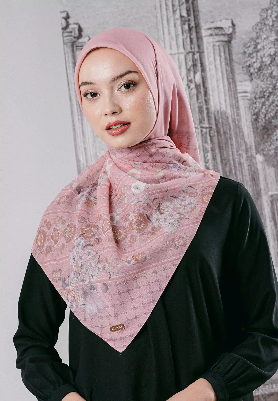 ZETTA Scarf Dusty Pink - Kerudung Hijab Segiempat Motif - Bahan Voal Premium - Ukuran 115x115