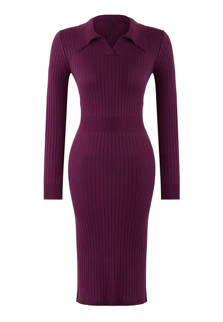 Plum Midi Knitwear Polo Collar Dress