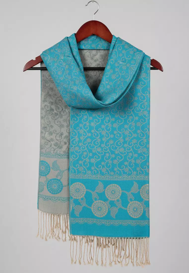 Aksesoris Wanita Reversible Viscose Circular Vine  Pattern Pashmina Shawl Syal Wanita Sky Blue
