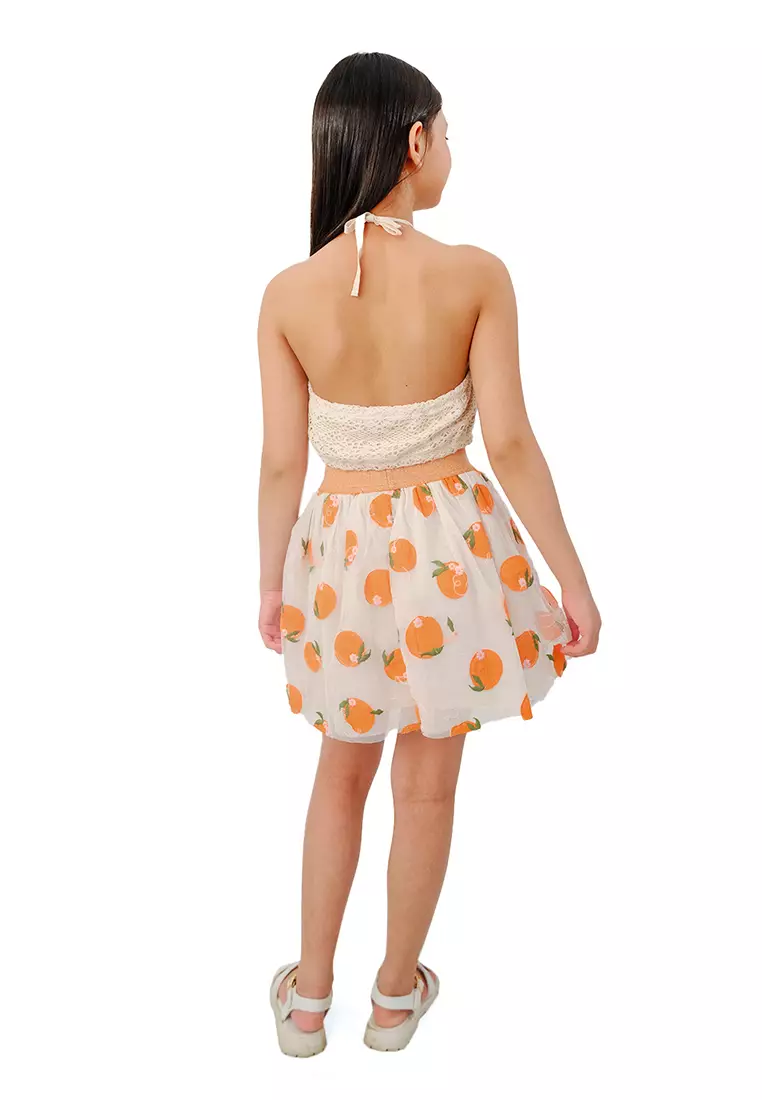 Girls Orange Embroidered Skirt