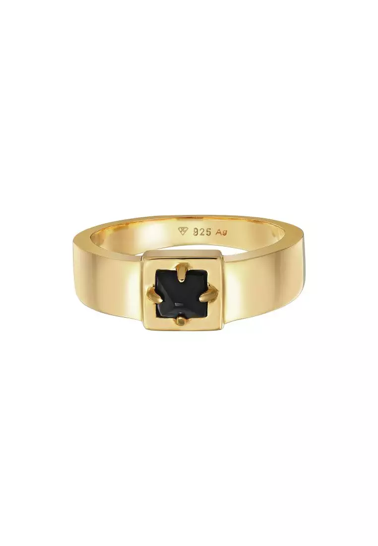 Ring Men Solitaire Pyramid Solid with Onyx Gemstone in 925 Sterling Silver Gold Plated