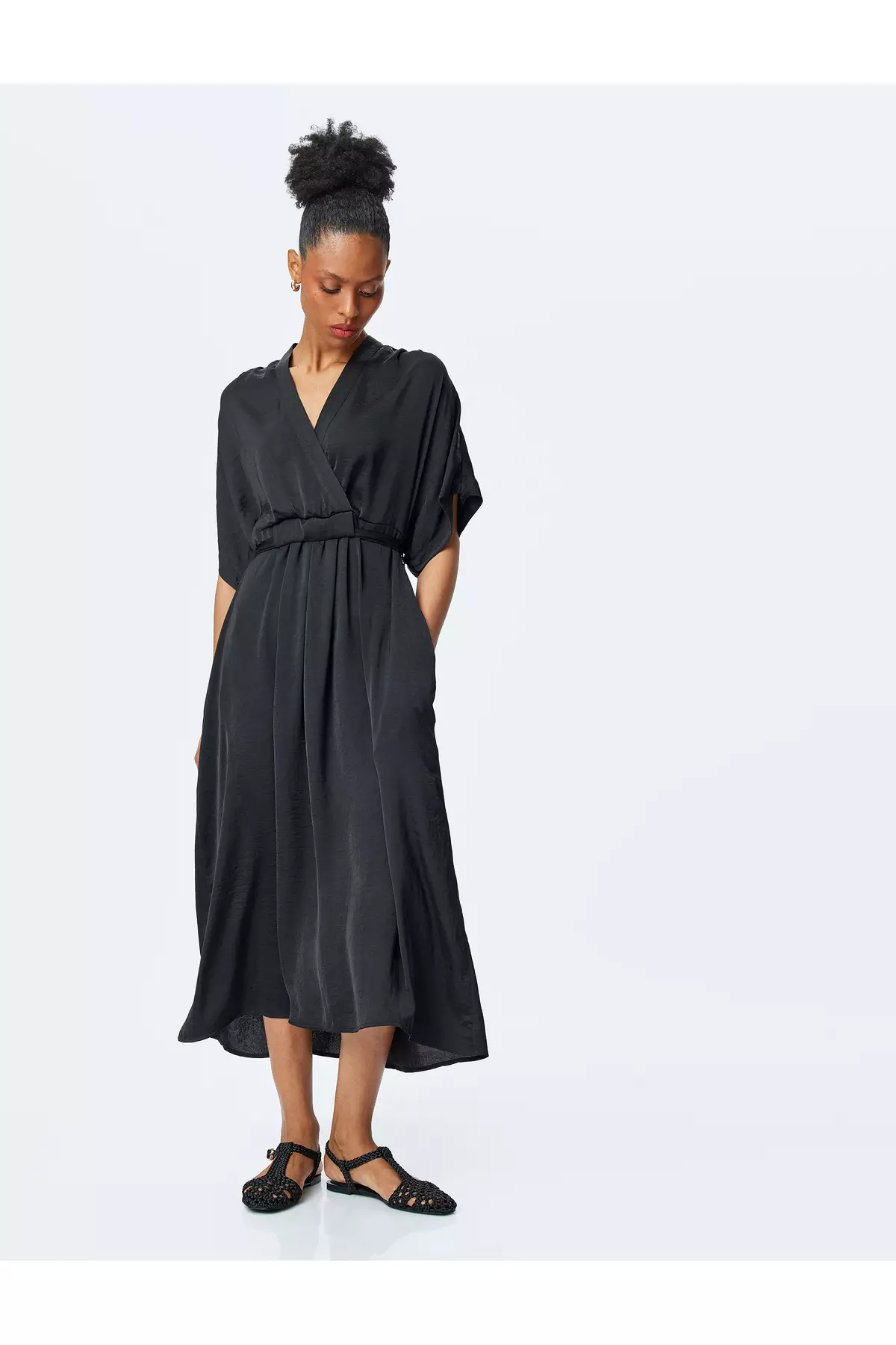 Flowy Short Sleeve Midi Length Double Breasted Satin Dress