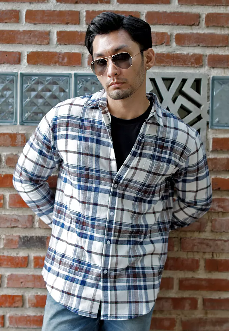 OXCON Extra Comfort Authentic Flannel Shirt White Blue Navy