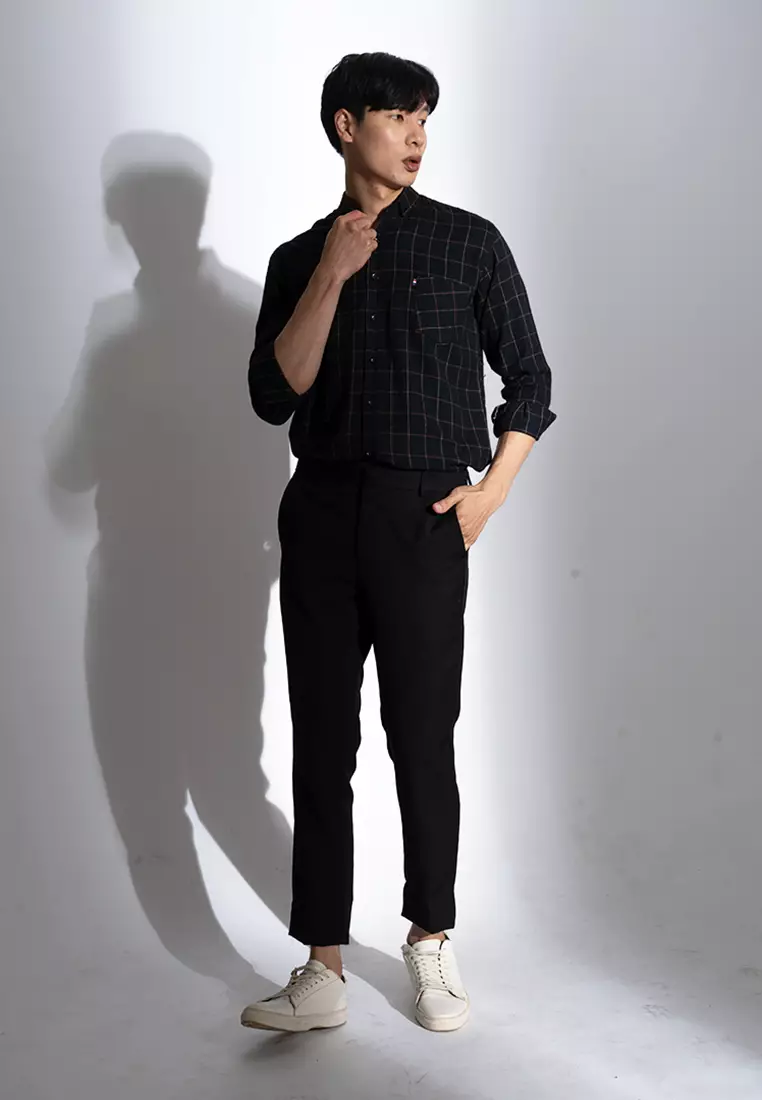 Kemeja panjang pria formal slim fit hitam kotak cokelat houseofcuff