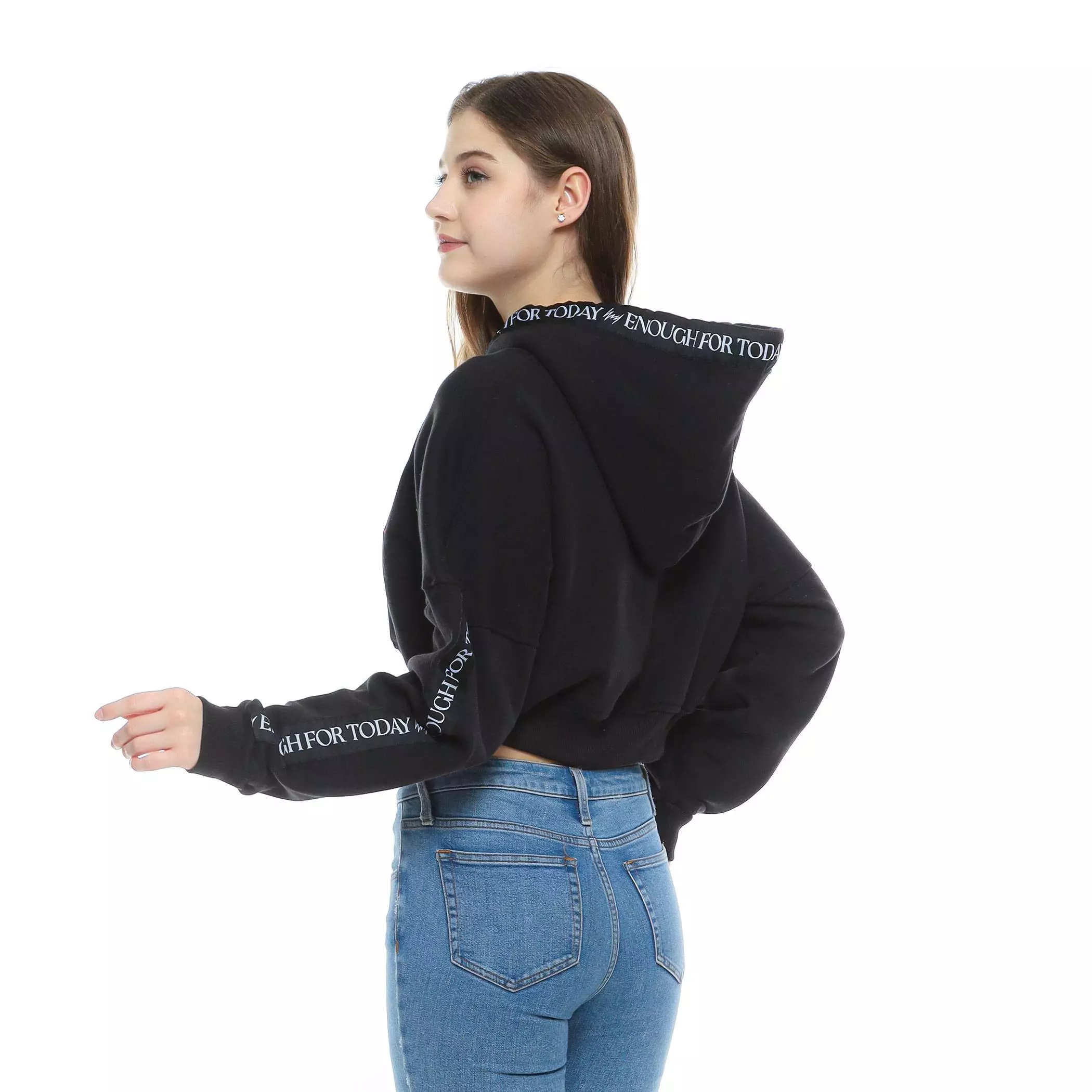Enough For Today /KUIY,- Sweater Hoodie Crop Zipper Oversize Hitam Bordir Pita Tempel Text On Black Wanita Top Fleece