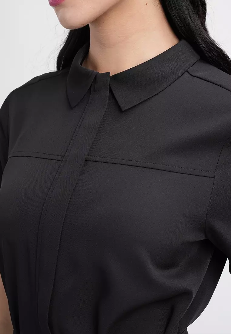 Sophia Belted Collared Top - Short Sleeve Button Blouse