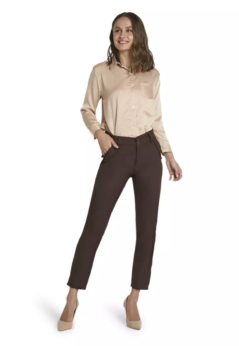Fitzgerald Celana Kerja Motif Solid Trousers Bawahan Wanita Formal - Coklat