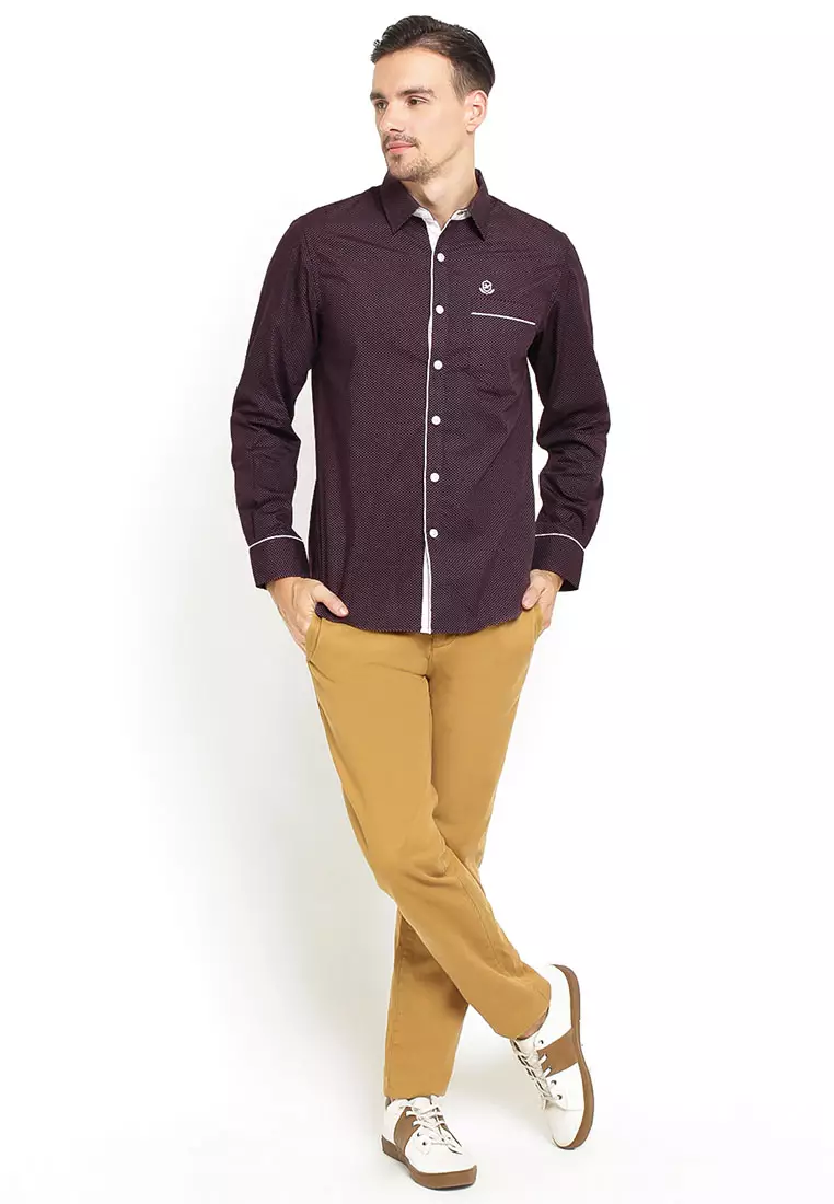 Johnwin - Slim Fit - Kemeja Casual Active - Printing - Maroon