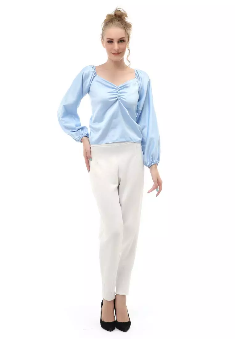 Cheva Blouse Casual Wanita Sabrina Kerut Dada Lengan Panjang Material Satin ORIGINAL - Blue