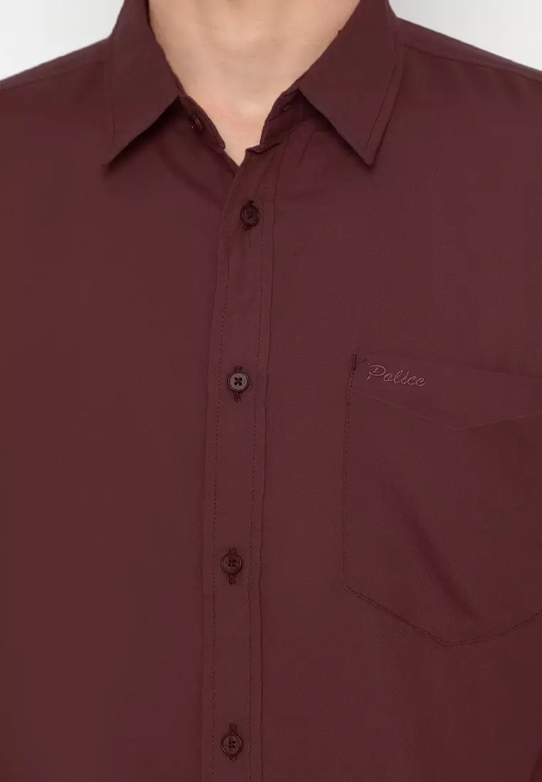 POLICE Kemeja Polos Basic Cotton Soft Maroon Regular Fit Pria