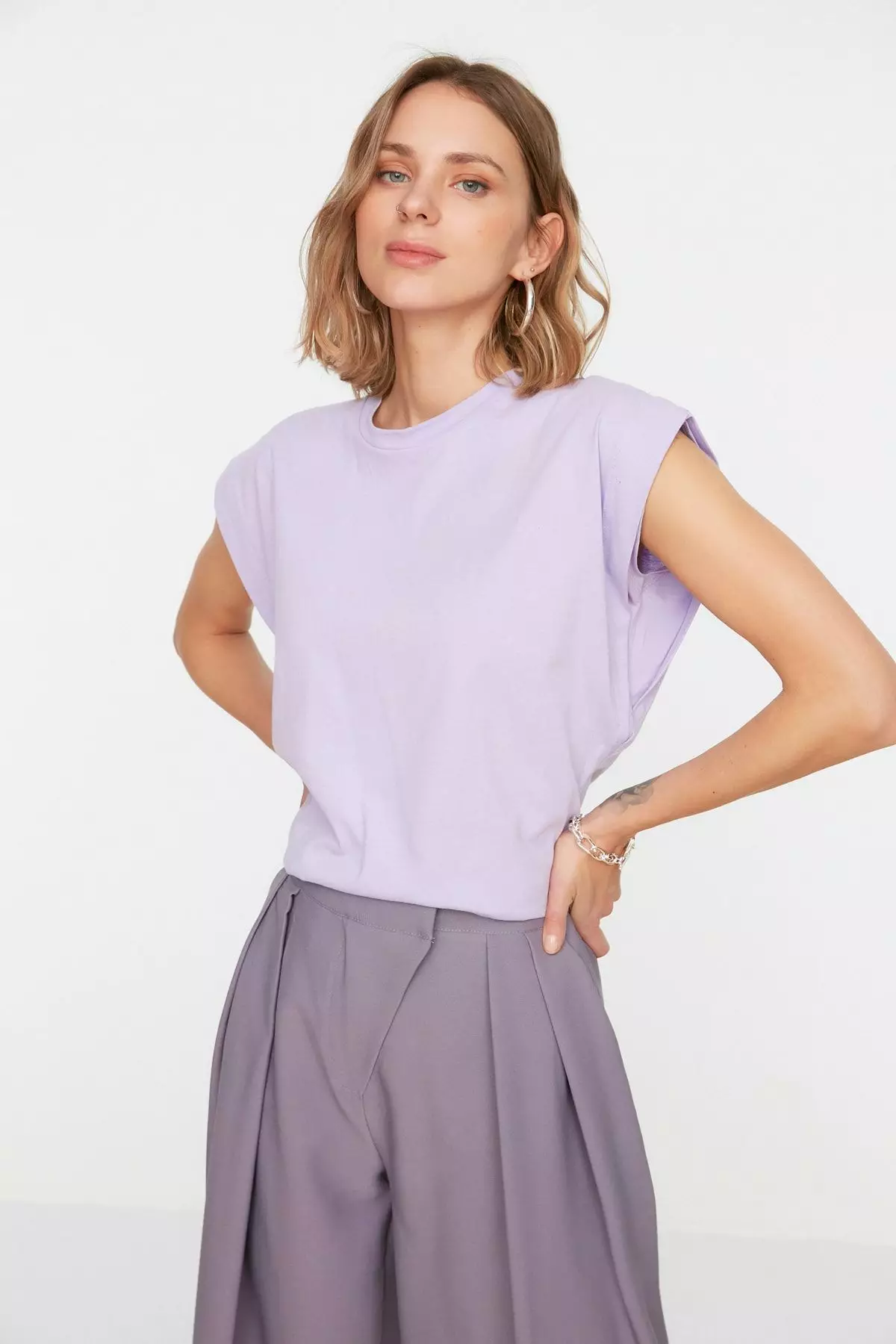 Lilac 100% Cotton Wadding Look Basic Crew Neck Knitted T-Shirt TWOSS20TS0021