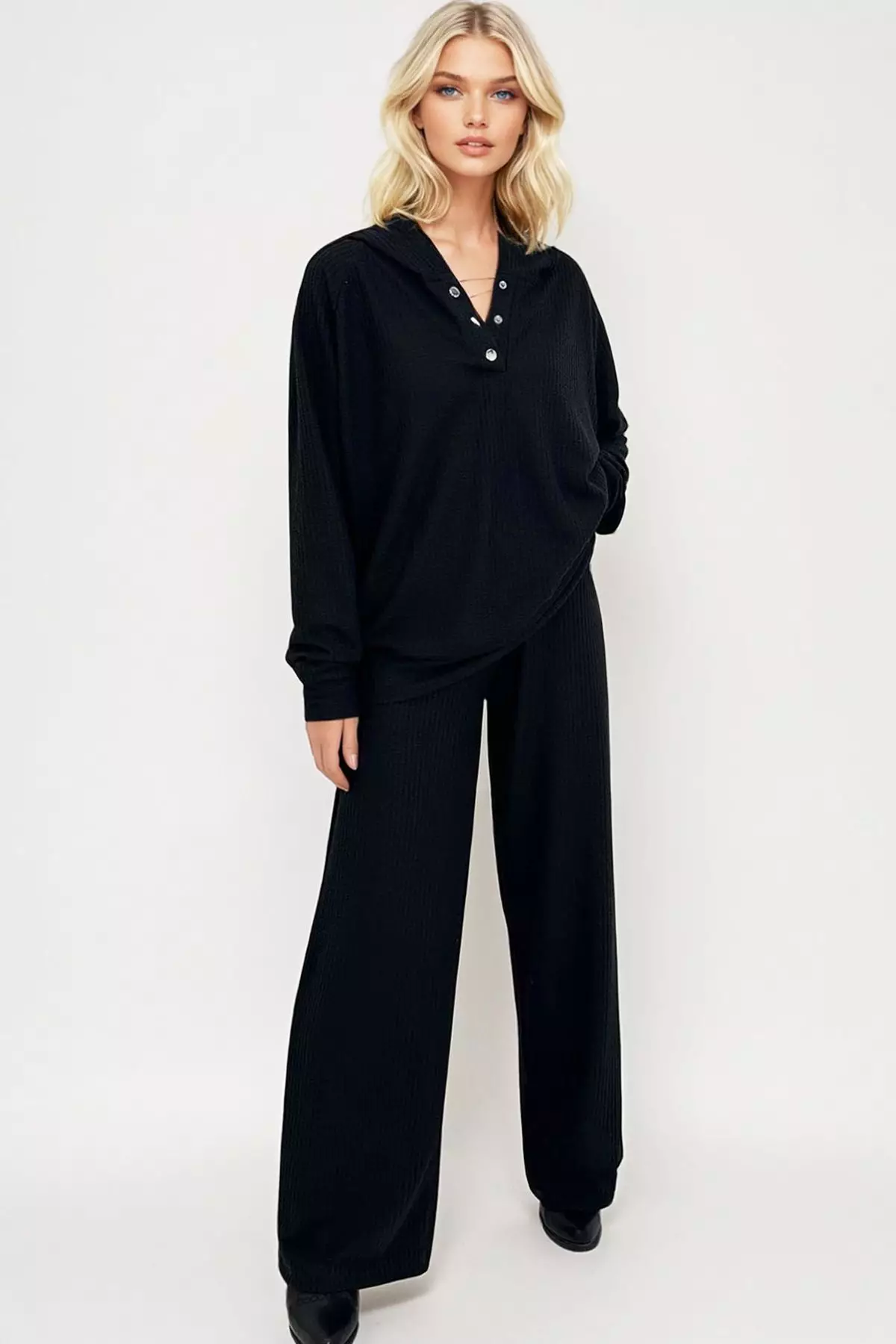 Women's Black Hooded Snap Fastener Oversize Sweatshirt and Pants Bottom Top Suit