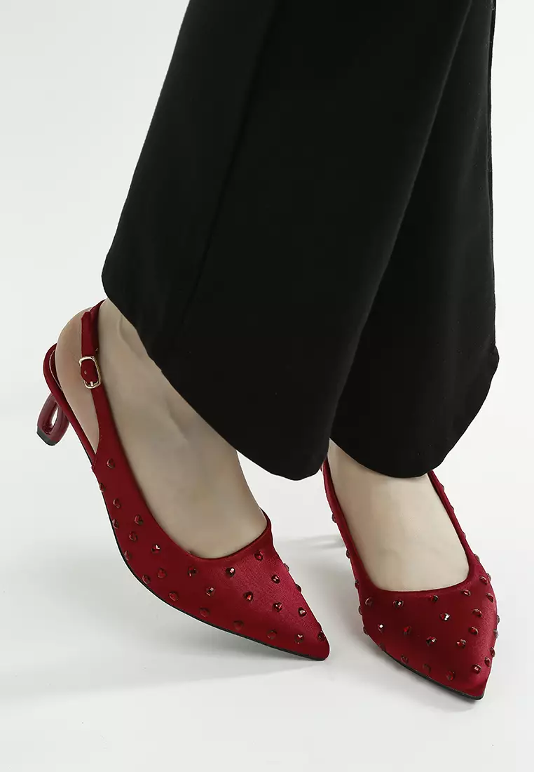 酒紅色心型水鑽鑲嵌露跟鞋