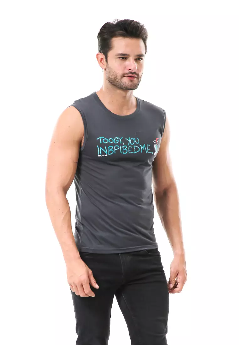 Bobby Atasan Kasual Pria Singlet Motif Toogy You Sleeveless Tshirt Material Cotton ORIGINAL - Dark Gray