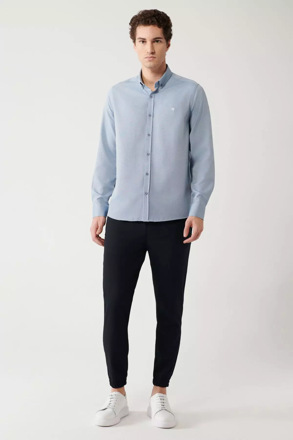 Men's Dark Blue Button-Down Collar Easy Iron Cotton Oxford Shirt E002000