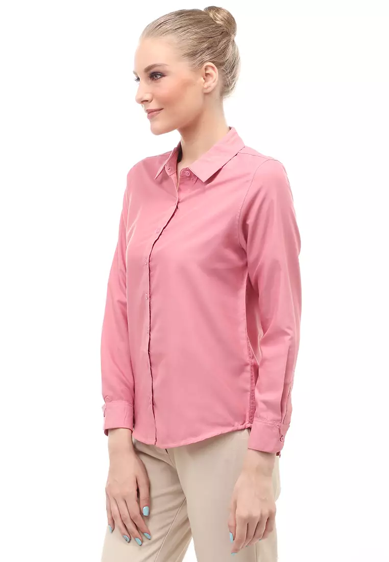 Kemeja Long Sleeves Atasan Wanita Motif Solid Shirt - Pink