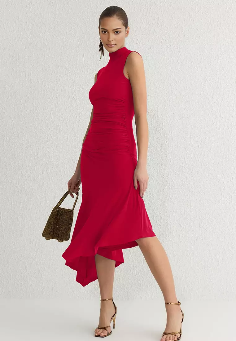 Red Hem Ruffle Detail Knitted Stylish Evening Dress