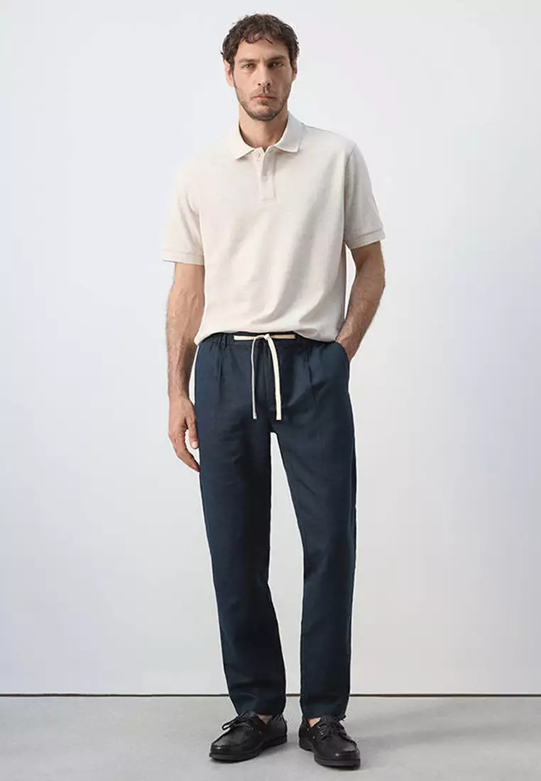 Slim Fit Cropped Linen-Cotton Trousers