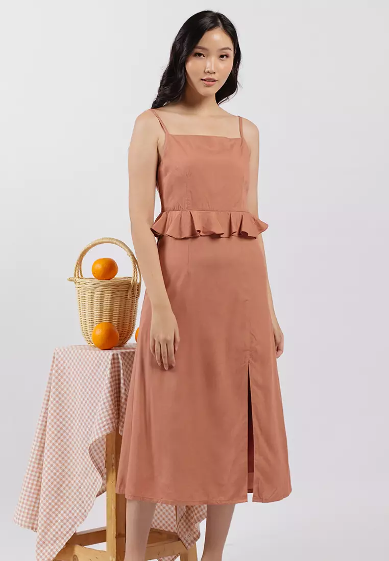 Ruffled Waist Slit Dress in Terracotta
